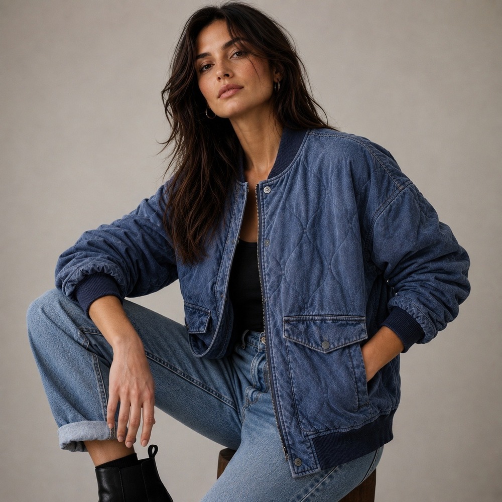 Blue Quilted Utility‎ Bomber Jacket Oversized L Universal Thread